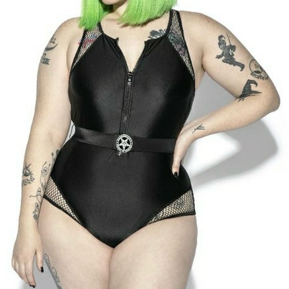 Blackcraft Cult Black One Piece swimsuit belted with fishnet. Rare!